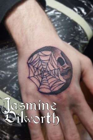 Dont mind the stencil that refused to come off. But heres a small hand tatt done a few days back! (Client came in with his own desgin) #tattoo #tattooartist #femaletattooartist #hand #handtattoo #blackandgreytattoo #skulltattoo #spiderwebtattoo #moontattoo #creepy #spooky #smalltattoo #greenland #greenlandnh #newhampshire #geneva #genevany #ny #newyork #nh #boston #kittery #dovernh #newenglandartist