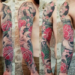 Japanese Irezumi Sleeve. Peonies, Cherry Blossom, Finger Waves, Wind Bars, Clouds, done at Holy Tiger Tattoo, Private Studio, Caluire et Cuire, Lyon, France.