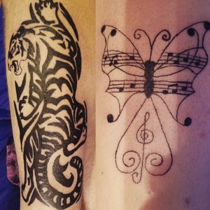 Right side is my first tat on myself. It's on my right thigh. The left side is the first tat I did on my husband. It's on his left calf.