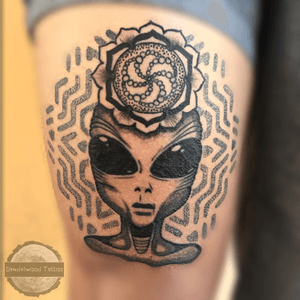 Finished Alien - #tattoo #tattooartist #blackandgrey #linework #Black #blackink #ink #dotwork #dotworktattoo #blackwork #geometric #worldfamousink #artist #art #arte #lineart #alien #mandala 
