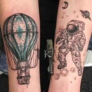 By Kirstie Trew • KTREW Tattoo • Birmingham, UK 🇬🇧 #hotairballoon #tattoo #astronauttattoo #astronaut #constellationtattoo #planettattoo #dotwork #fineline #blackwork #colourtattoo