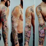 Japanese Irezumi Sleeve. Dragon, Koi Fish, Hannya, Lotus, Cherry Blossom, Finger Waves, Wind Bars, done at Holy Tiger Tattoo, Private Studio, Caluire et Cuire, Lyon, France.