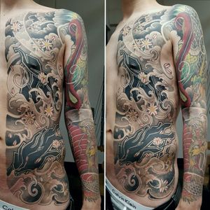 Japanese Irezumi Bodysuit. Dragon, Phoenix, Cherry Blossom, Finger Waves, Wind Bars, Clouds, done at Holy Tiger Tattoo, Private Studio, Caluire et Cuire, Lyon, France.