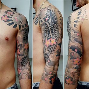 Japanese Irezumi Sleeve. Koi Fish, Cherry Blossom, Finger Waves, Wind Bars, done at Holy Tiger Tattoo, Private Studio, Caluire et Cuire, Lyon, France.