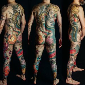 Japanese Irezumi Bodysuit. Dragon, Phoenix, Peonies, Finger Waves, Wind Bars, done at Holy Tiger Tattoo, Private Studio, Caluire et Cuire, Lyon, France.