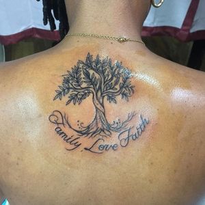 Family, Love, Faith tattoo #tattoos #familytree #professional #art #shading #writingtattoo #girlswithtattoosdoitbetter 