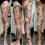 Japanese Irezumi Leg Sleeve. Geisha, Hourglass, Tiger, Bamboo, Finger Waves, Wind Bars, done at Holy Tiger Tattoo, Private Studio, Caluire et Cuire, Lyon, France.