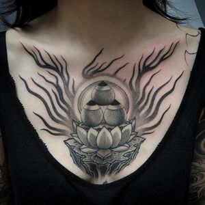 Neo Japanese tattoo by Zac Scheinbaum #ZacScheinbaum #chest #neojapanese #neojapanesetattoo #japanese #Japaneseinspired #ukiyoe #mashup #unique #conch #lotus #shells #fire #blackandgrey