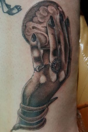 #blackandgreytattoo Crystal ball and her hand. 95% done cause  her nerve damage is unbareable but she sat very well..we just need a few small details. #denvertattoo #denvertattooartist 