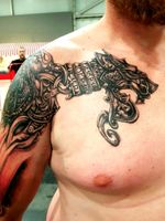 Details .. Viking arm,and chest for our Viking friend Markus !done at Dortmund Tattoo Convention . #blackandgreytattoo #vikingtattoo #lilithdivineartist #madnesscircus #DarkArt #darkartists #tattooart #tattooartist 