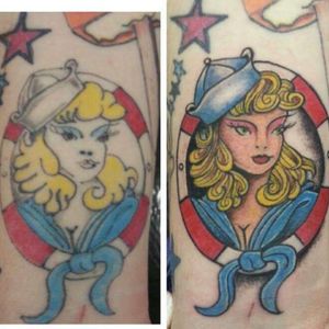 Before  one the left and after on the right of this traditional sailor pin tattoo. The rework was well needed. Contact me for reworks and coverups.