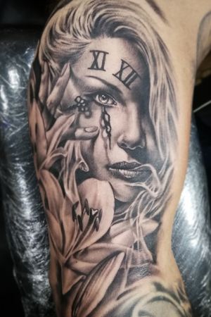 Tattoo done @bkk_ink_tattoo_studio Started my customer's arm with the first tattoo and had the chance to finish the sleeve for him :) #polandtattoos #tattoos #clocktattoo #womantattoo #bngtattoo #bngink #inkaddicts #tattooaddicts #tattoocommunity #tattooartist #realistictattoo #womanface #mountainaddict #womanfacetattoo #flowertattoo #kwiatki #besttatoos #tattoolife #smoke #instatattoo #tattooartistmagazine #tatuaz #blackandgrey #lily #tattoolove #inkedup #lilytattoo #tattoodo