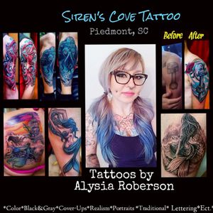 One of South Carolina's BEST female tattoo artists, Alysia Roberson! ***🧜‍♀️Siren's Cove Tattoo located at 3121-A Hwy 153, Piedmont, SC 29673 (right off exit 40 on i85, directly beside Nationwide Insurance and H&R Block), open Tues-Thurs 12:30-7pm, Fri-Sat 12:30-8pm, SHOP number (864)283-6900... ***🧜‍♂️For any and all tattoo inquiries, including but not limited to: pricing, scheduling, availability, appointments, consultations, cover-up questions, ect., ect., please CALL and/or COME BY the SHOP Siren's Cove Tattoo during BUSINESS HOURS! CALLING and/or COMING BY during business hours is the BEST way to get tattooed (NOT social media messages!)! ***🧜‍♀️As always, thank you for all of your business, loyalty, and support, and of course thank you for getting tattooed at Siren's Cove!!! #tattoos #tattooed #octopustattoo #tattooedwoman #nauticaltattoo #inkedgirl #tattooartist #tattooedman #sirenscove #femaletattooartist #sctattoo #sctattooartist #sctattooshop #ladytattooer #sctattooer #southcarolinatattooartist #greenvillesc #downtowngreenville #andersonsc #clemsonsc #Alysiarobersontattoo #mermaid #mermaidtattoo #siren #sirentattoo #makeup  #blonde #chesttattoo #sleevetattoo #mermaidportrait  #mermaidtattoos #oceantattoo #ocean #badasstattoo  #prettytattoo  #nautical #nauticaltattoos #nauticaltheme  #japanesetattoo  #Cthulhu  #cthulhutattoo  #shiptattoo #piratetattoo #squidtattoo   #realistictattoo #yeahthatgreenville #glasses  #alternativegirl  #coveruptattoo #piercings  #anchortatoo #alternative  #tattoosiren #sirenscovetattoo www.facebook.com/sirenscovetattoo www.facebook.com/Alysia.Roberson.Tattoo.ArtistInstagram: @sirens_cove_tattoo 