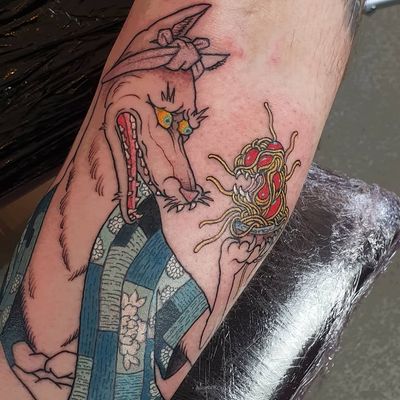 Neo Japanese tattoo by Elliott J Wells #ElliottWells #forearm #arm #neojapanese #neojapanesetattoo #japanese #Japaneseinspired #ukiyoe #mashup #unique #fox #kitsune #ramen #noodle #food #color #peony