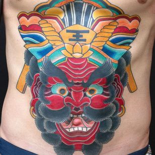 Neo Japanese tattoo by Junior #Junior #stomach #neojapanese #neojapanesetattoo #japanese #Japaneseinspired #ukiyoe #mashup #unique #enma #yama #godofhell #hell #demon #yokai #color #lotus