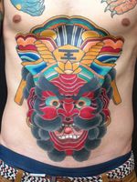 Neo Japanese tattoo by Junior #Junior #stomach #neojapanese #neojapanesetattoo #japanese #Japaneseinspired #ukiyoe #mashup #unique #enma #yama #godofhell #hell #demon #yokai #color #lotus