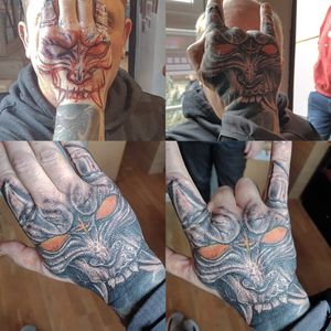 Devil Mask Custom Hand Tattoo #Demon #DemonTattoo #Devil #DevilTattoo #Mask #MaskTattoo #HandTattoo #Custom #CustomDesign #CustomTattoo 