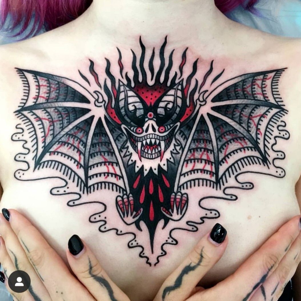 blackwork flying bat chest piece by sakim  Cool chest tattoos Tattoo  chest to arm Tattoos