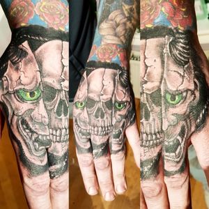 Split Mask Skull Hand Tattoo#Skull #SkullTattoo #SkullMask #MaskTattoo #HandTattoo #Hannya #HannyaMask #HannyaTattoo #Horror #HorrorTattoo #HorrorArt 