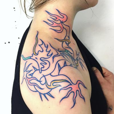 Unique tattoo by Paolo Bosson #PaoloBosson #surrealism #surreal #fauvism #cubism #abstract #abstractexpressionism #linework #illustrative #modernart #symbolism #color #dragon #shoulder