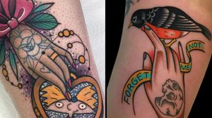 Tattoo of a hand on the left by Roberto Euan and tattoo of a hand on the right by Alex Zampirri #AlezZampirri #RobertoEuan #tattoosofhands #tattoohand #handtattoo #hands #fingers