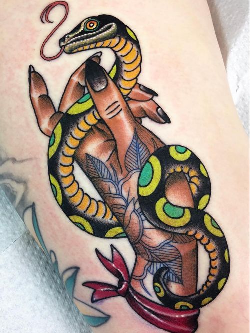 Tattoo of a hand by Guen Douglas #GuenDouglas #upperleg #thigh #tattoosofhands #tattoohand #handtattoo #hands #fingers #snake #reptile #serpent #rose #flower #floral #neotraditional #color