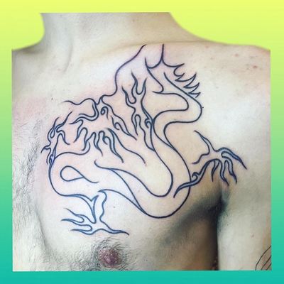 Unique tattoo by Paolo Bosson #PaoloBosson #surrealism #surreal #fauvism #cubism #abstract #abstractexpressionism #linework #illustrative #modernart #symbolism #blackwork #chest #dragon