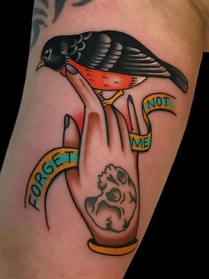 Tattoo of a hand by Alex Zampirri #AlexZampirri #forearm #arm #tattoosofhands #tattoohand #handtattoo #hands #fingers #bird #banner #forgetmenot #skull #color #traditional