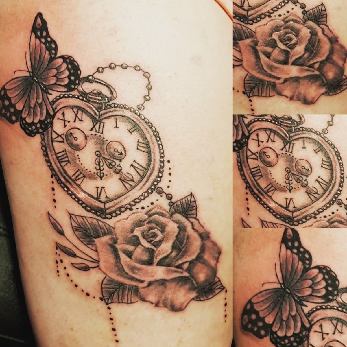 Tattoo uploaded by Pigmental Tattoos • Butterfly / Pocket watch / Rose