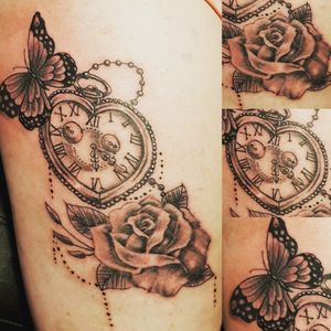 Butterfly / Pocket watch / Rose Tattoo#Pocketwatch #PocketwatchTattoo #Rose #RoseTattoo #Roses #Flowers #Butterfly #ButterflyTattoo #Girly #GirlyTattoo #Feminine #FeminineTattoo 