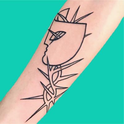 Unique tattoo by Paolo Bosson #PaoloBosson #surrealism #surreal #fauvism #cubism #abstract #abstractexpressionism #linework #illustrative #modernart #symbolism #blackwork #mask #thorns #forearm
