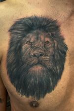 Lion portrait chest piece. Done with #spektraxion #fusionink #blackandgrey #blackandgreytattoo #projectzink #tattooedguys 