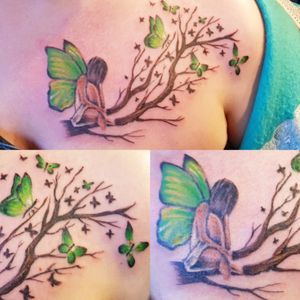 Delicate Fairy Tattoo#Fairy #FairyTattoo #Branch #Tree  #TreeBranches #Butterfly #Butterflies #Girly #GirlyTattoo #Feminine #FeminineTattoo 