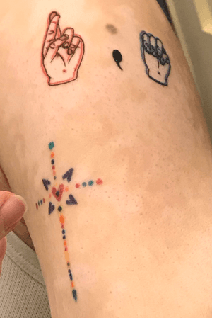 My new tattoos (semicolon, a handpoked cross and sign language) 