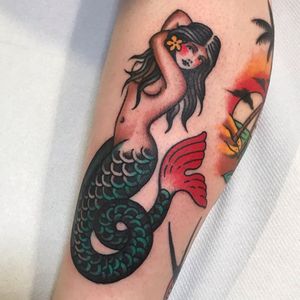 Mermaid tattoo by Gem Carter #GemCarter #NauticalTattoos #sailortattoos #sailors #traditionaltattoos #traditional #AmericanTraditional #nautical #mermaid #lowerleg #calf