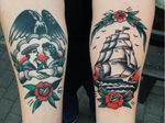 Nautical tattoos by Liam Alvy #LiamAlvy #NauticalTattoos #sailortattoos #sailors #traditionaltattoos #traditional #AmericanTraditional #nautical #ship #roses #hands #couple #love #eagle #flower #forearm
