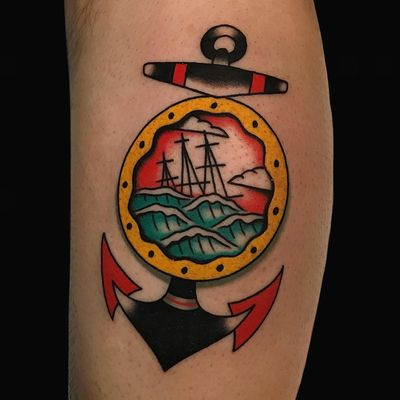 Anchor tattoo by Alex Zampirri #AlexZampirri #NauticalTattoos #sailortattoos #sailors #traditionaltattoos #traditional #AmericanTraditional #nautical #lowerleg #leg #calf #anchor #ship