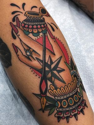 Nautical star tattoo by Matt Cannon #MattCannon #NauticalTattoos #sailortattoos #sailors #traditionaltattoos #traditional #AmericanTraditional #nautical #lowerleg #leg #calf #nauticalstar #star #hand #ink