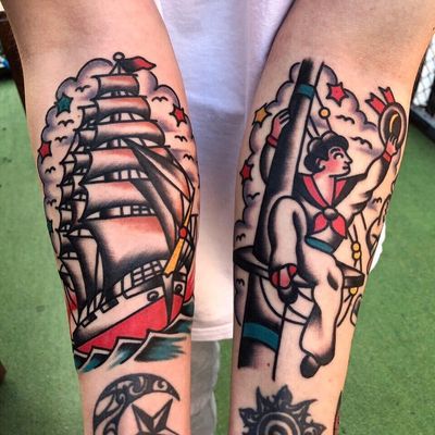 Nautical tattoos by Needles Tattooing #NeedlesTattooing #NauticalTattoos #sailortattoos #sailors #traditionaltattoos #traditional #AmericanTraditional #nautical #ship #forearm