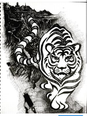 Tiger and Temple. Sketch 
