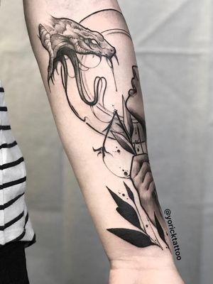 Illustrative tattoo by Yorick #Yorick #snake #lady #floral #illustrative #forearm - Top 10 Cities to Get Tattooed In #Austin #tattooidea #tattoo #tattooart #vacation #travel #top10 #top10cities #gettattooed