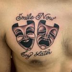 Smile Now Cry Later tattoo by Javier DeLuna #JavierDeLuna #smilenowcrylater #chicano #chest - Top 10 Cities to Get Tattooed In #LosAngeles #tattooidea #tattoo #tattooart #vacation #travel #top10 #top10cities #gettattooed