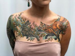 Fox and rabbit tattoo by D'Lacie Jeanne #DLacieJeanne #chesttattoo #fox #rabbit #bunny #nature - Top 10 Cities to Get Tattooed In #Portland #tattooidea #tattoo #tattooart #vacation #travel #top10 #top10cities #gettattooed
