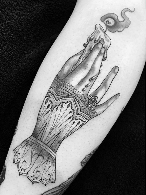 Victorian hand tattoo by Miss Juliet #MissJuliet #hand #victorian #lace #tears #candle - Top 10 Cities to Get Tattooed In #SanFrancisco #tattooidea #tattoo #tattooart #vacation #travel #top10 #top10cities #gettattooed