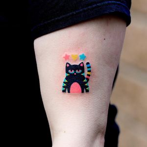 Cat hand poke tattoo by Zzizzi #zzizzi #cat #handpoke #upperarm #color #star #heart - Top 10 Cities to Get Tattooed In #Seoul #tattooidea #tattoo #tattooart #vacation #travel #top10 #top10cities #gettattooed