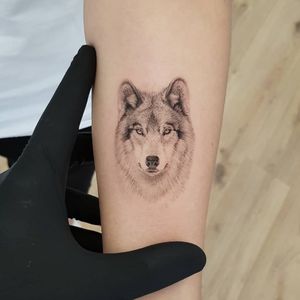 "Once the realization is accepted that even between the closest human beings infinite distances continue, a wonderful living side by side can grow, if they succeed in loving the distance between them which makes it possible for each to see the other whole against the sky."Rilke.Tag someone you love ❤️Done @truecanvas.#tat #tattoo #realism #realistictattoo #wolf #fineline #details #tinytattoo #ttblackink #blxckink #equilattera #thommesenink 