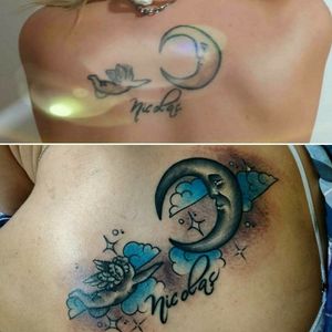 Un arreglo de hoy.. primera foto tattoo antes, segunda despues!! #tattoo #inked #ink #arreglo #antesydespues #moon #querubin #luchotattoo #luchotattooer 
