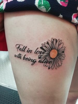 Quote and dandelion thigh tattoo