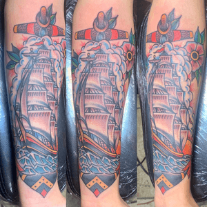 Clipper ship tattoo.. thanks for looking #blacklagoontattoo #dtsj #traditionaltattoo #sanjose #sj #sf #colortattoo
