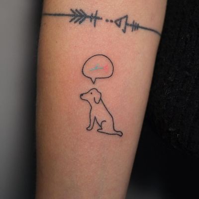 Dog tattoo by Yaroslav Putyata #YaroslavPutyata #yarput #handpoke #illustrative #flower #minimal #small #forearm #arm #dogtattoos #dog #dogs #petportrait #animal #bff #pet #canine